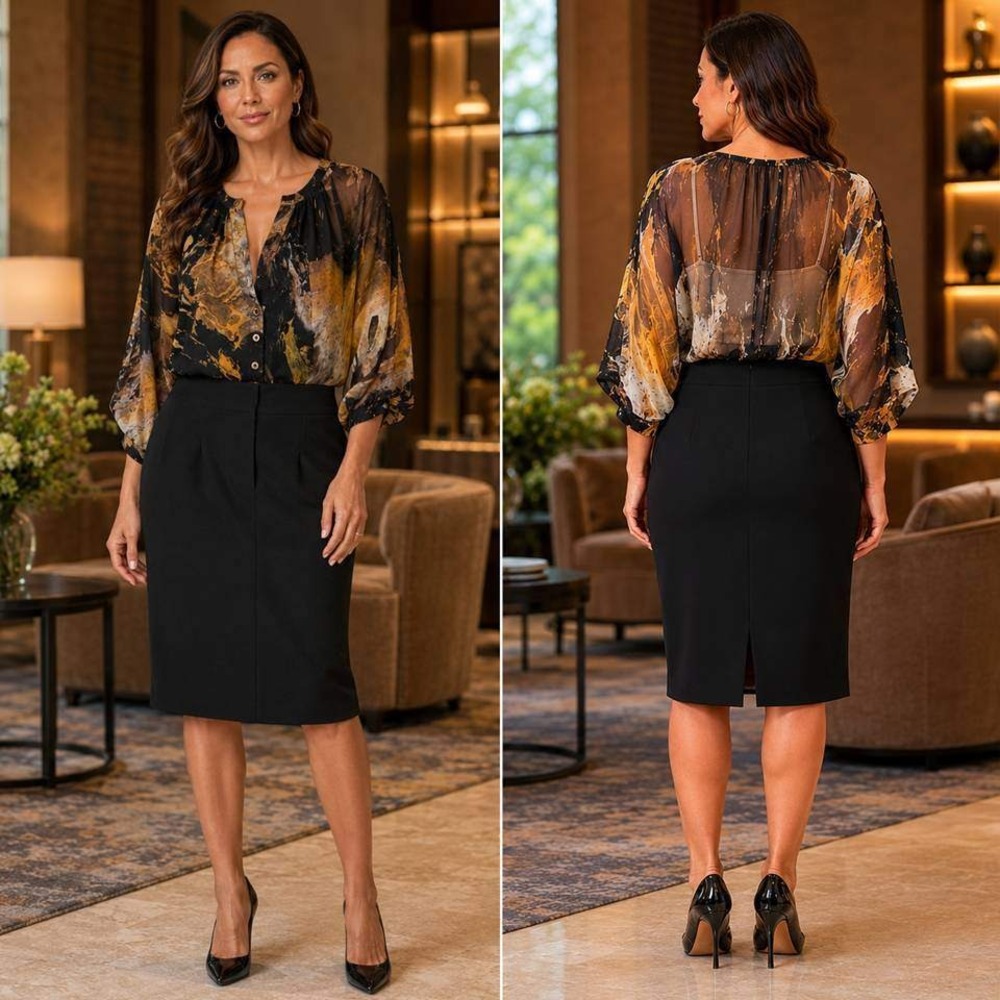 Black Halo Sheer Watercolor Blouson Sheath Dress Black Mustard Midi Women 12